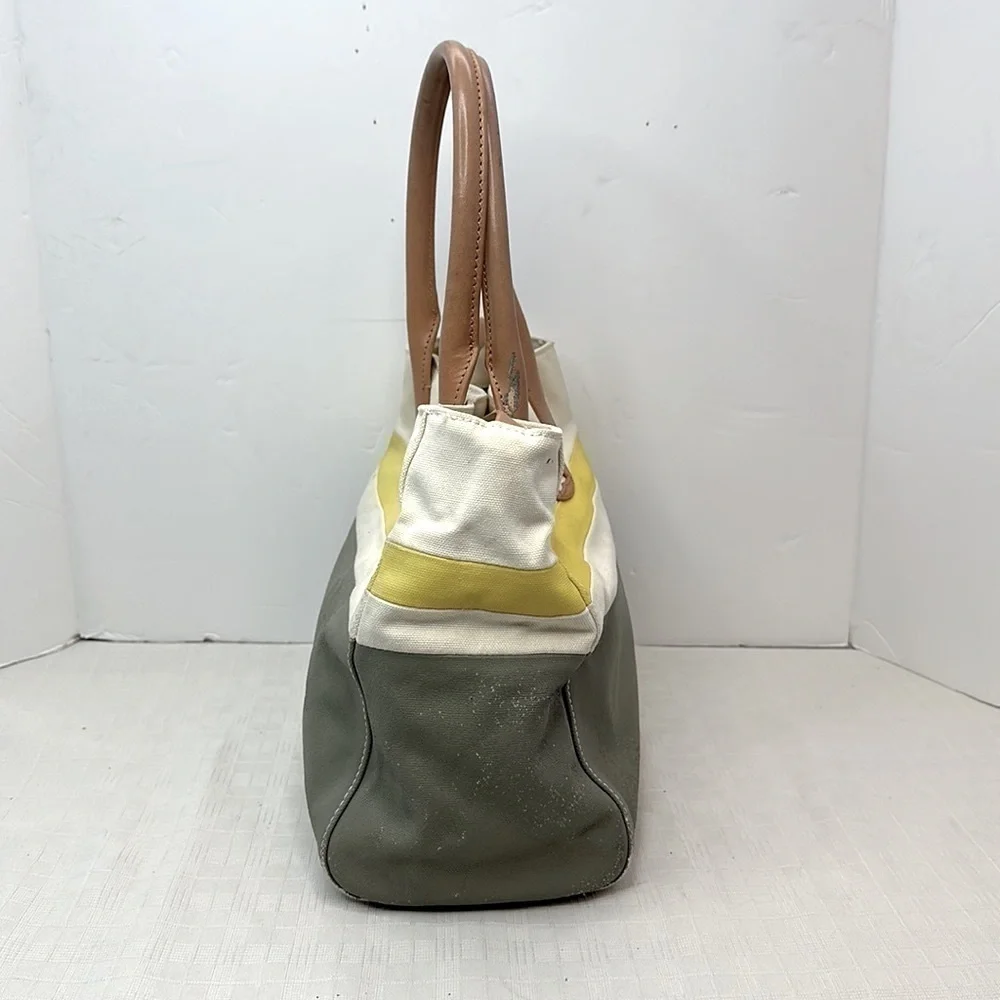 Tory Burch logo color block canvas with leather trim tote
